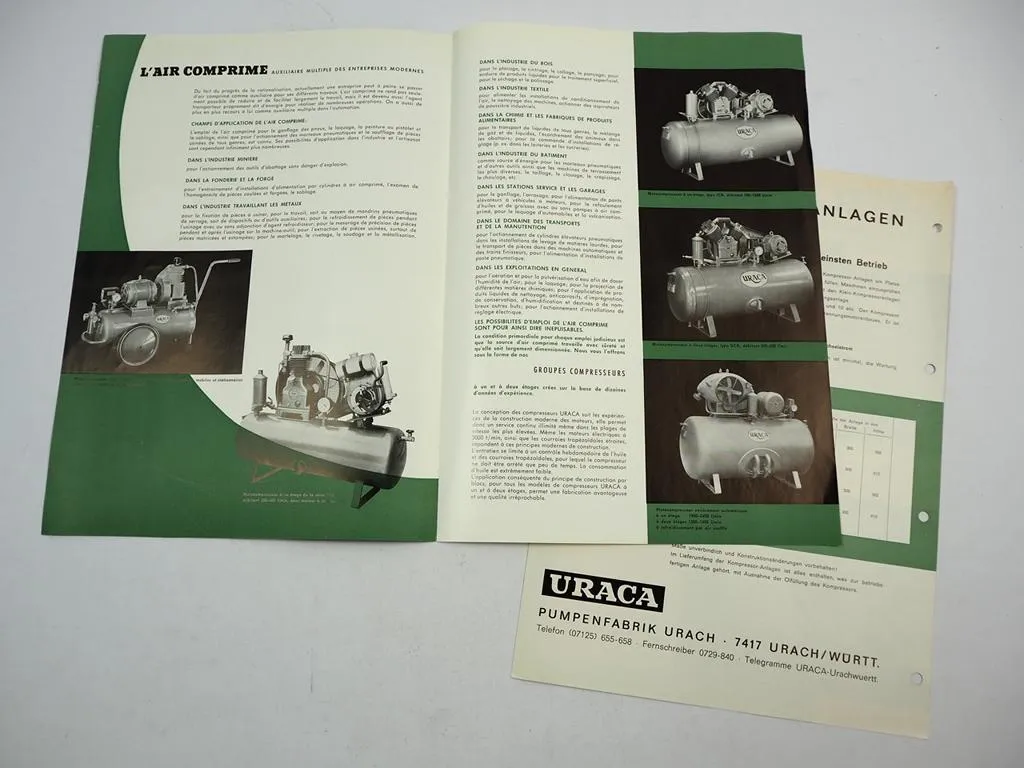 Uraca Pumpenfabrik Urach Kompressor Compresseur 2x Prospekt 1950/60er Jahre