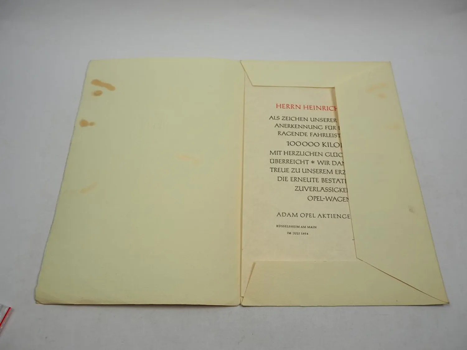 Urkunde 1954 Adam Opel AG Anerkennung für 100.000 km im Opelwagen