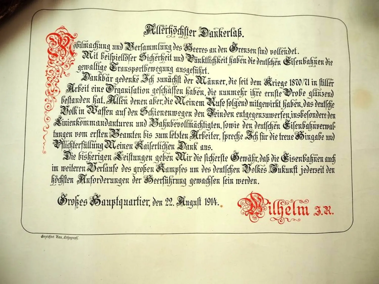 Urkunde Dankerlass Wilhelm II. an Eisenbahner WK1 Mobilmachung 1914 in Papphülse