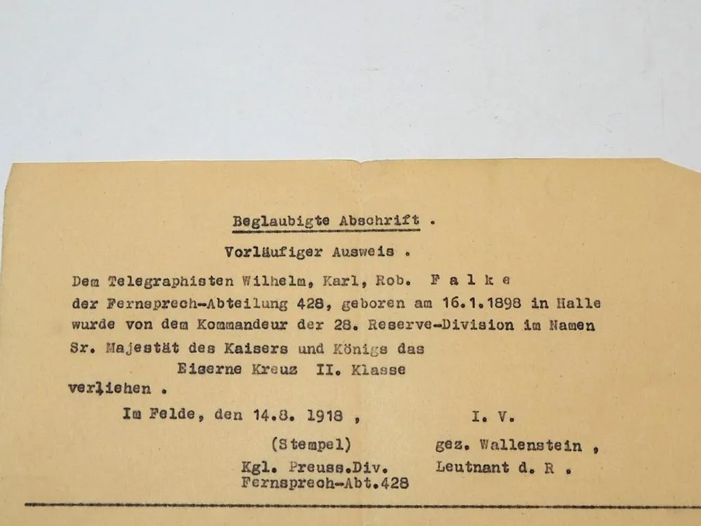 Urkunde EK2 Telegraphen Fernsprech Abteilung 428 WK1 Stempel Postamt Merseburg