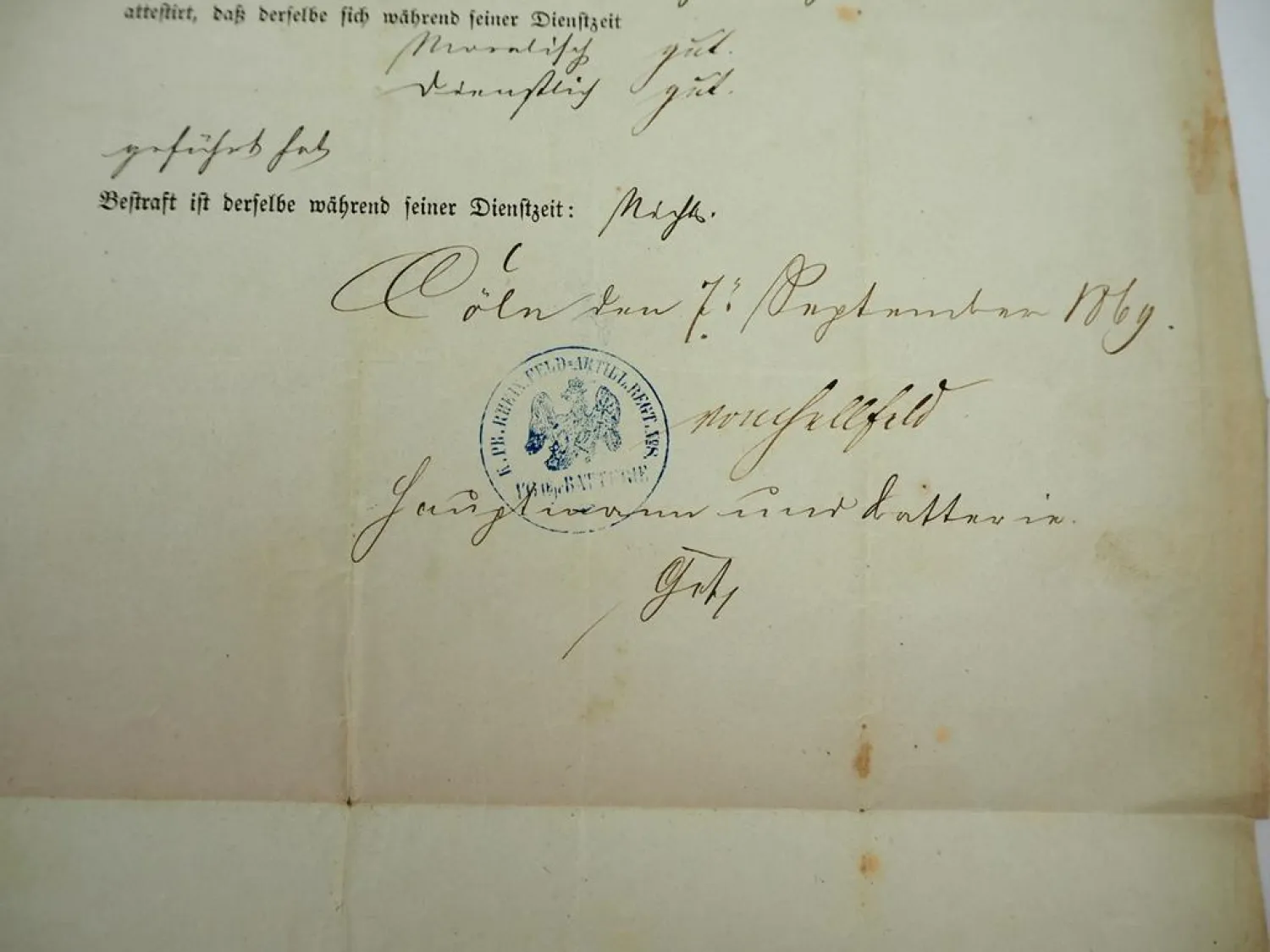 Urkunde Führungsattest 1869 Kanonier Rheinisches Feldartillerie Rgt.8 Cölln