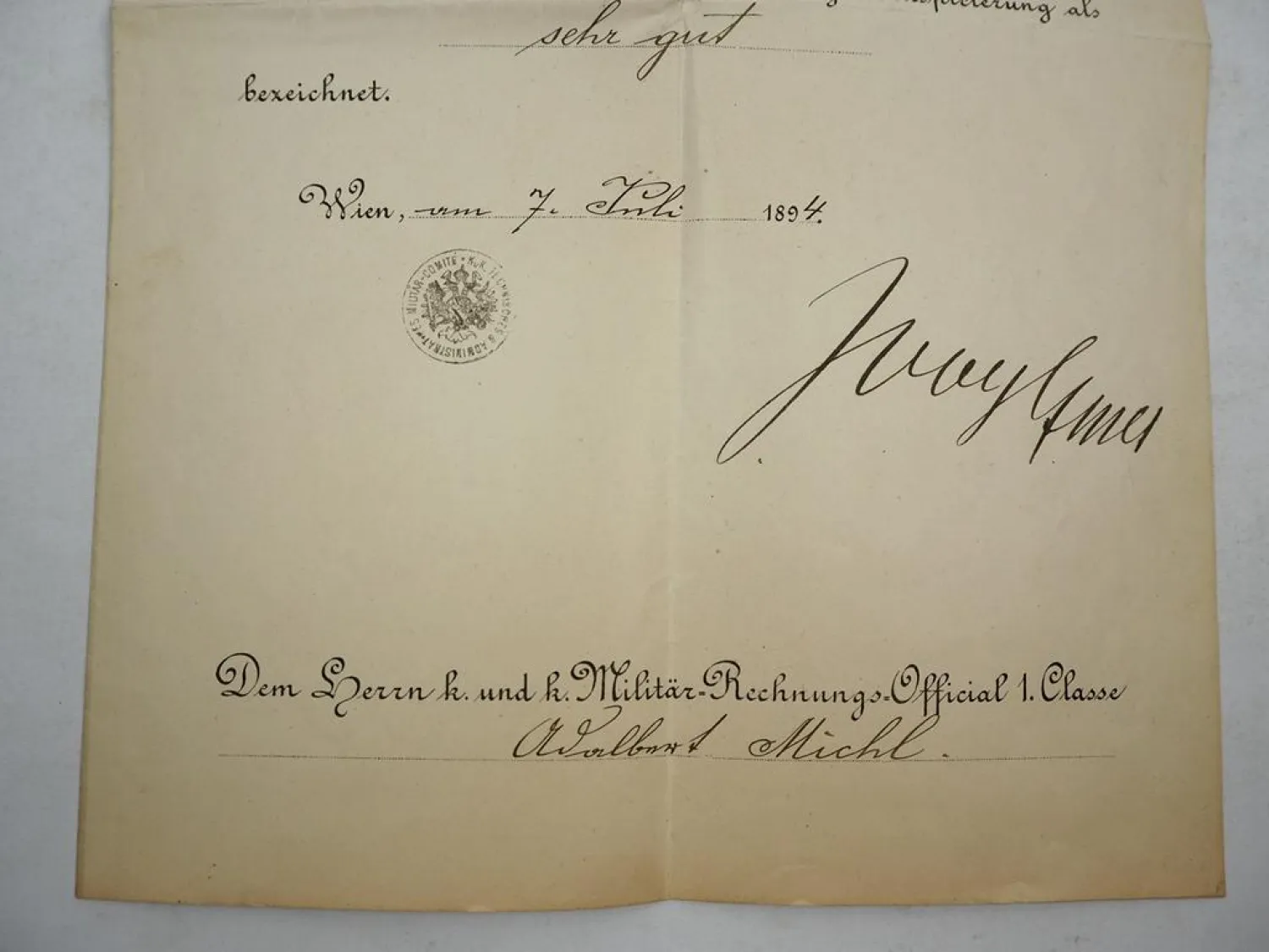 Urkunde Österreich K.u.K. Kriegsministerium 1894 Rechnungs Official 1. Classe