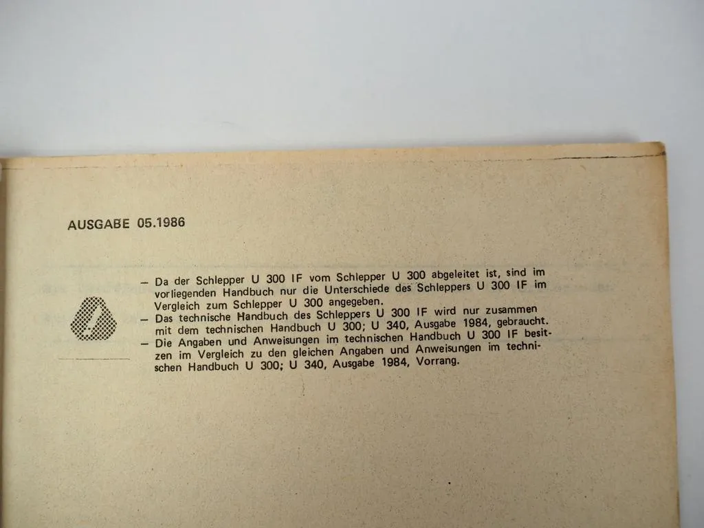 UTB Universal U300IF Tractor Schlepper Technisches Handbuch Ergänzung 1986