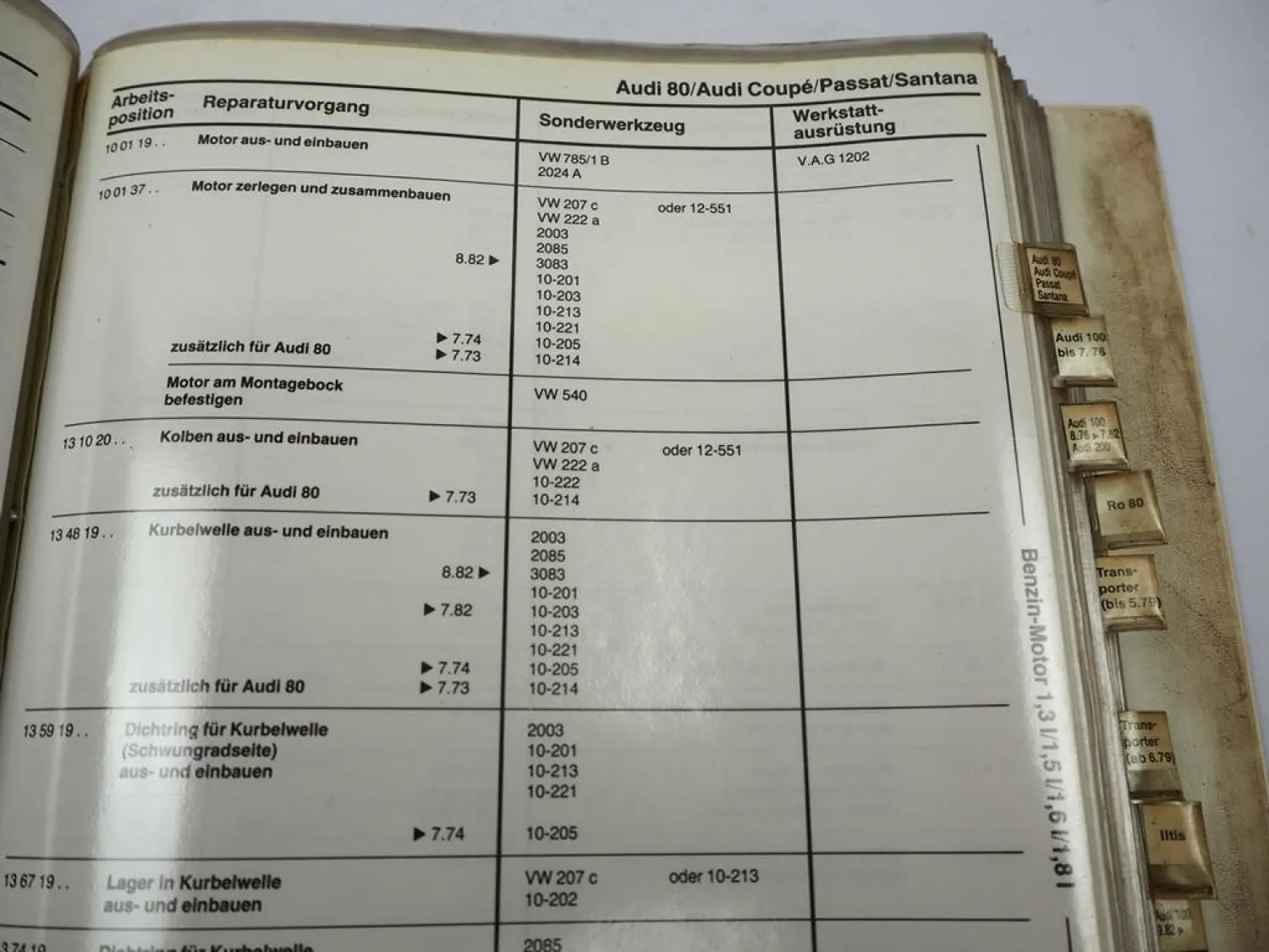 VAG Sonderwerkzeug Leitfaden Spezialwerkzeug VW Käfer Golf T2 T3 Iltis LT 1982