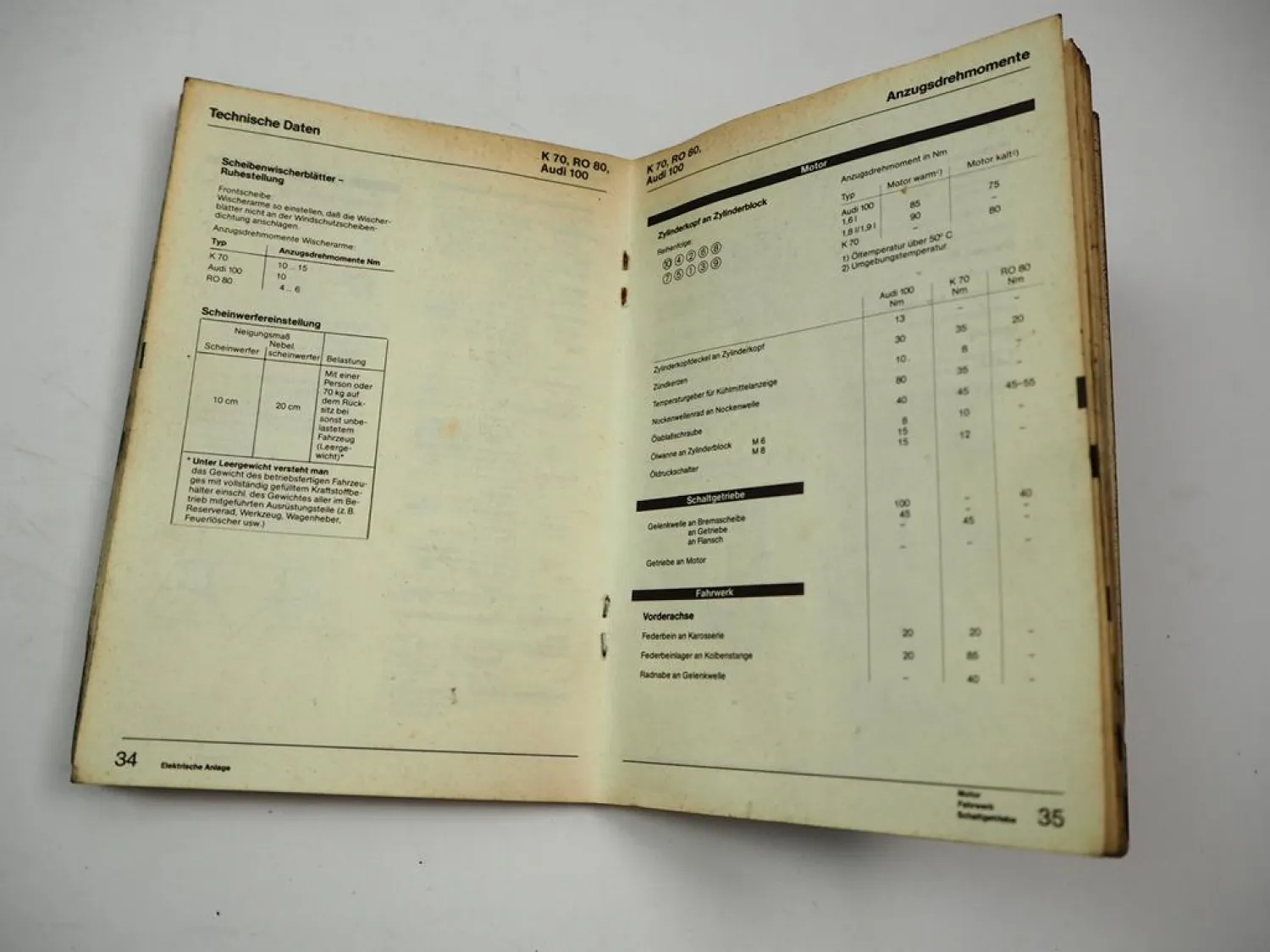 VAG VW Käfer T2 Audi 100 200 K70 Ro80 Typ 3 4 Technische Daten Anzugsdrehmomente