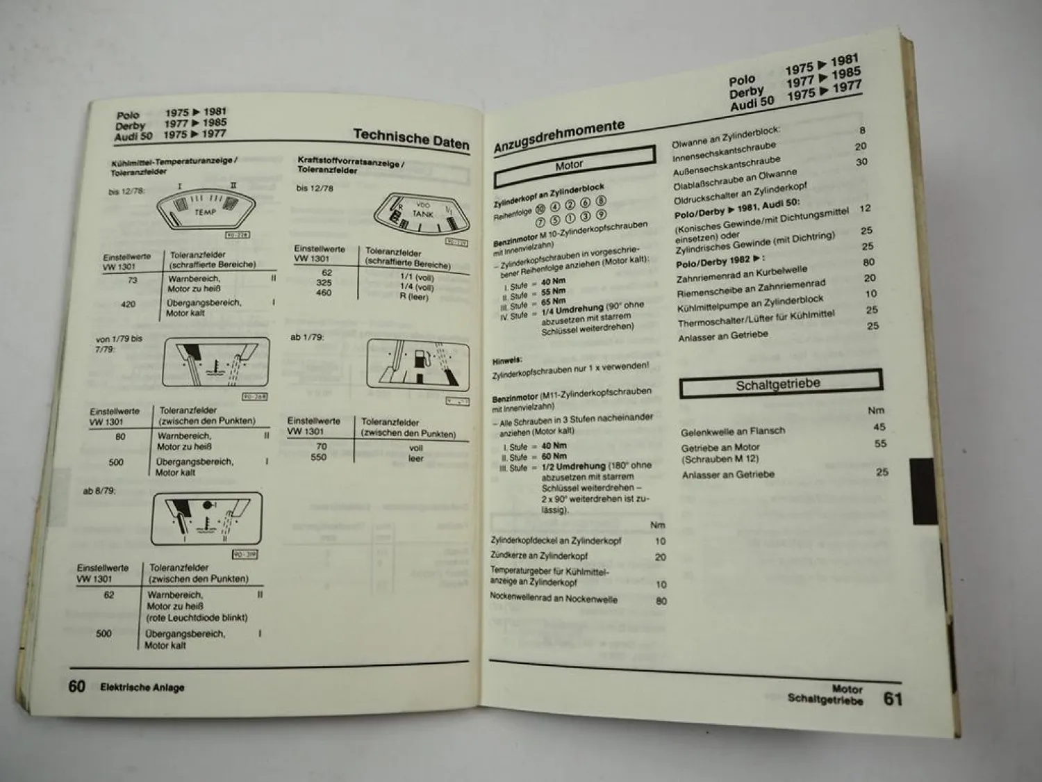 VAG VW Käfer Typ 3 4 Golf 1 Audi 80 100 200 Technische Daten Anzugsdrehmomente
