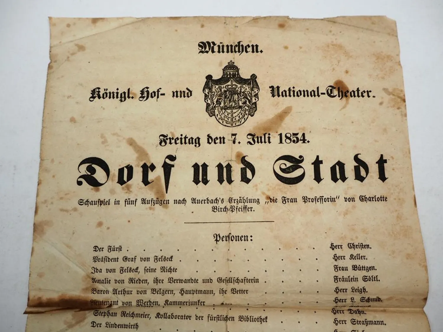 Veranstaltungsblatt Königliches Hof- und Nationaltheater München 1854