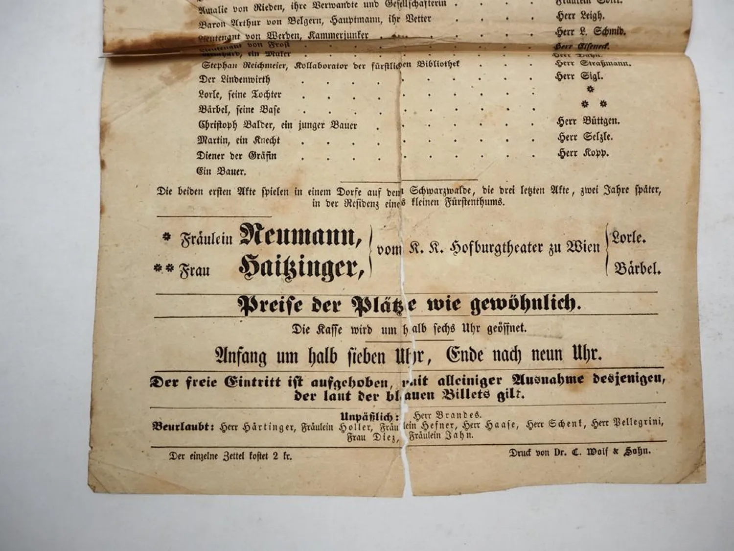 Veranstaltungsblatt Königliches Hof- und Nationaltheater München 1854