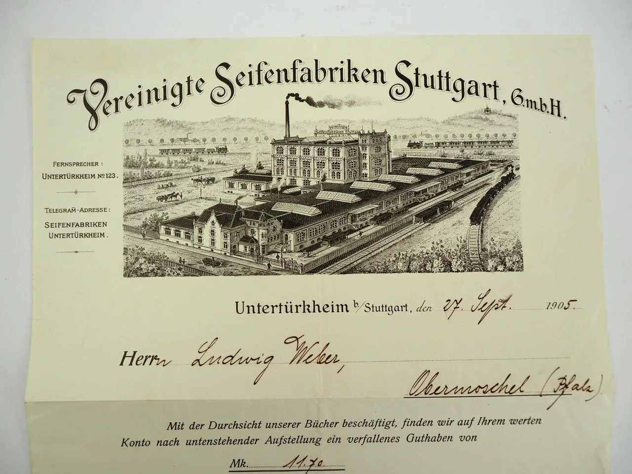 Vereinigte Seifenfabriken Stuttgart GmbH Untertürkheim Geschäftsbrief 1905