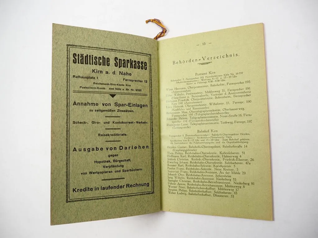 Verzeichnis der Stadt Kirn Nahe Rheinland Pfalz Behörden Geschäfte Vereine 1930