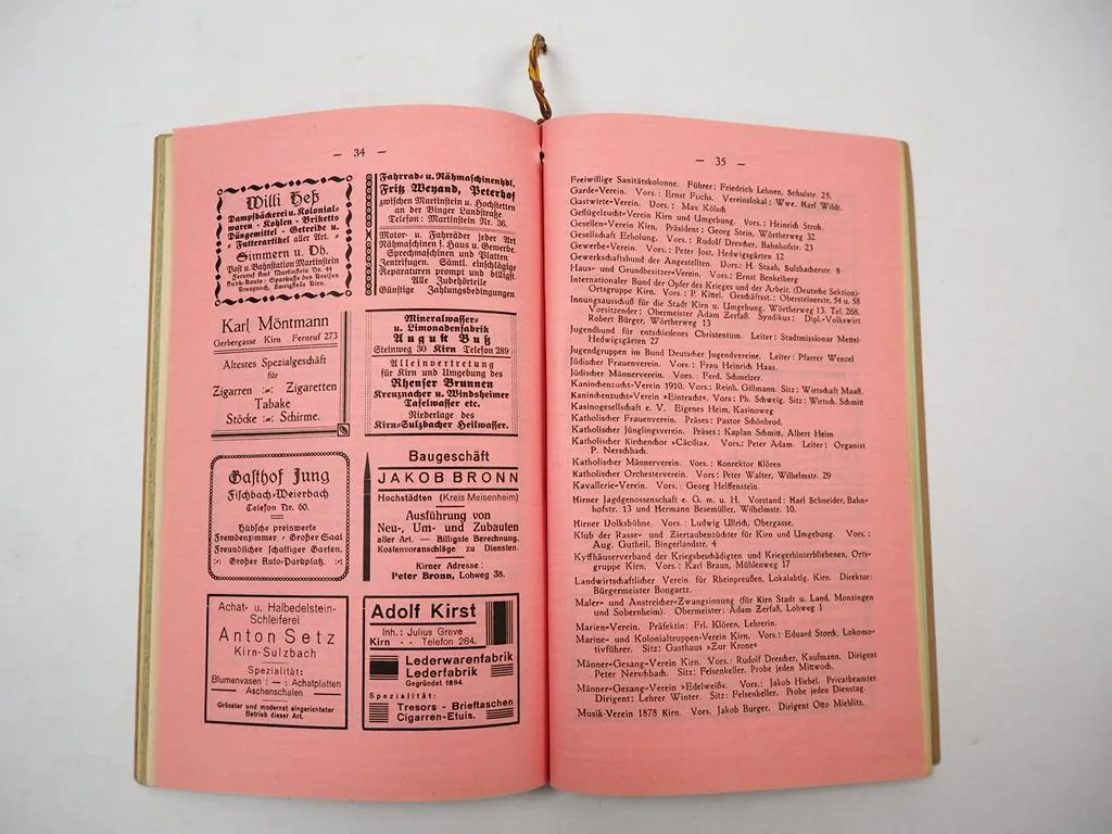 Verzeichnis der Stadt Kirn Nahe Rheinland Pfalz Behörden Geschäfte Vereine 1930