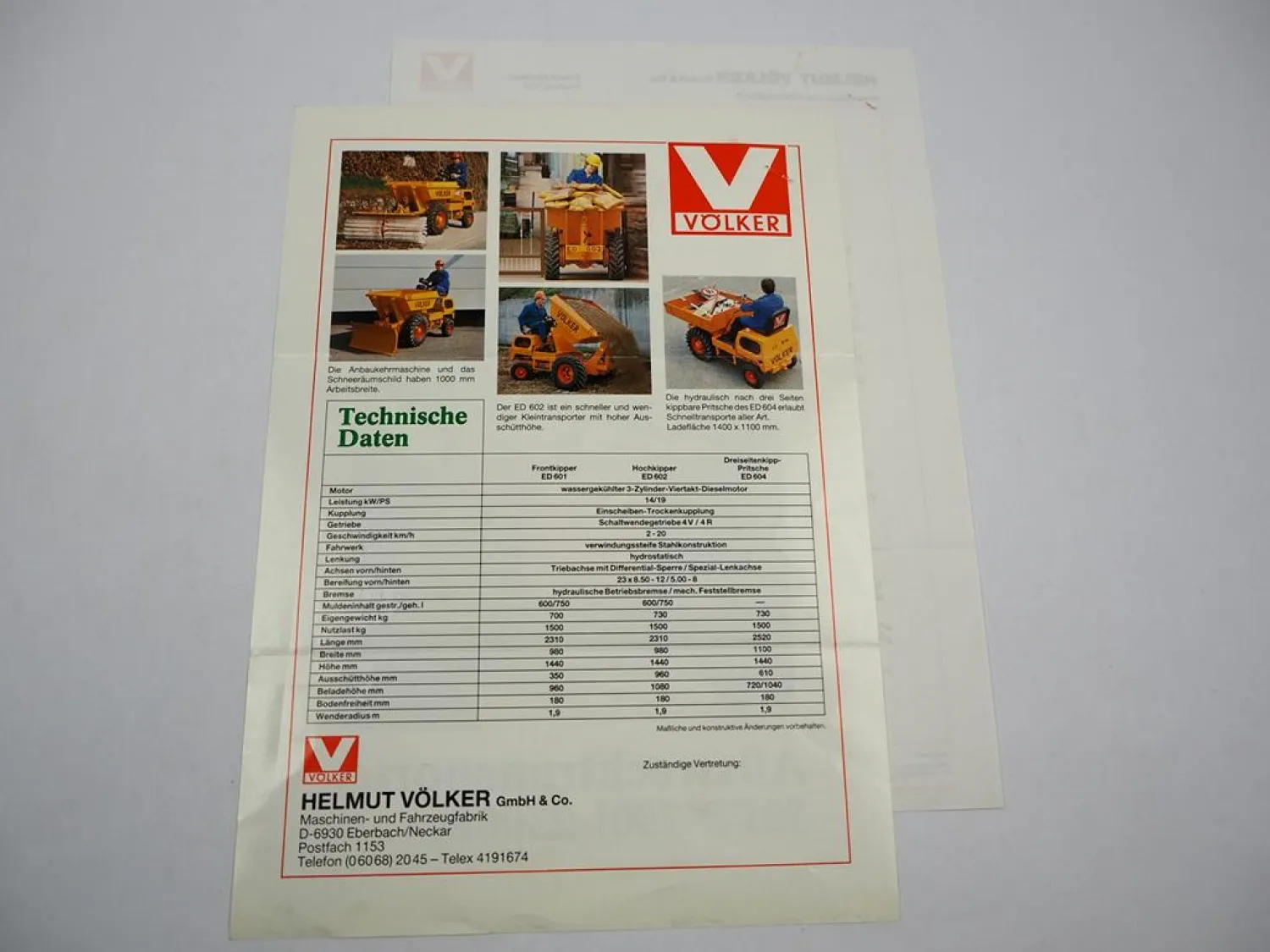 Völker ED 601 602 604 Allzweck Transporter Kipper 19PS Prospekt Anschreiben 1987