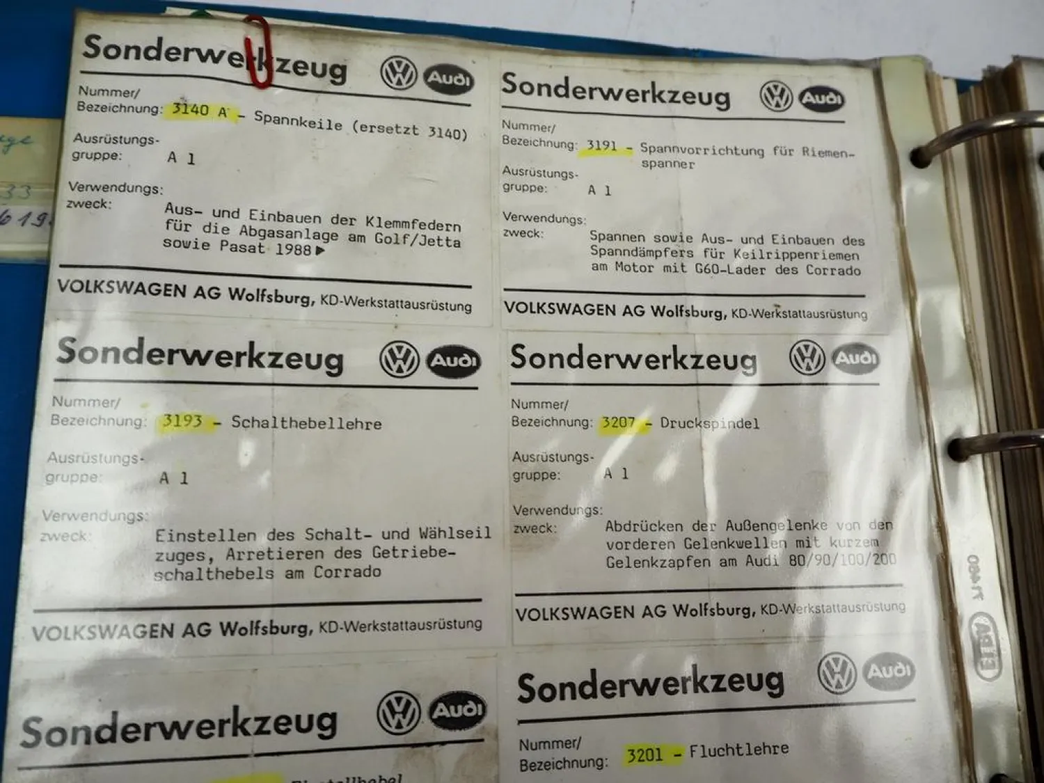 VW Golf Käfer T3 T4 Audi V8 80 Coupe Sonderwerkzeug Spezialwerkzeug Katalog 1991