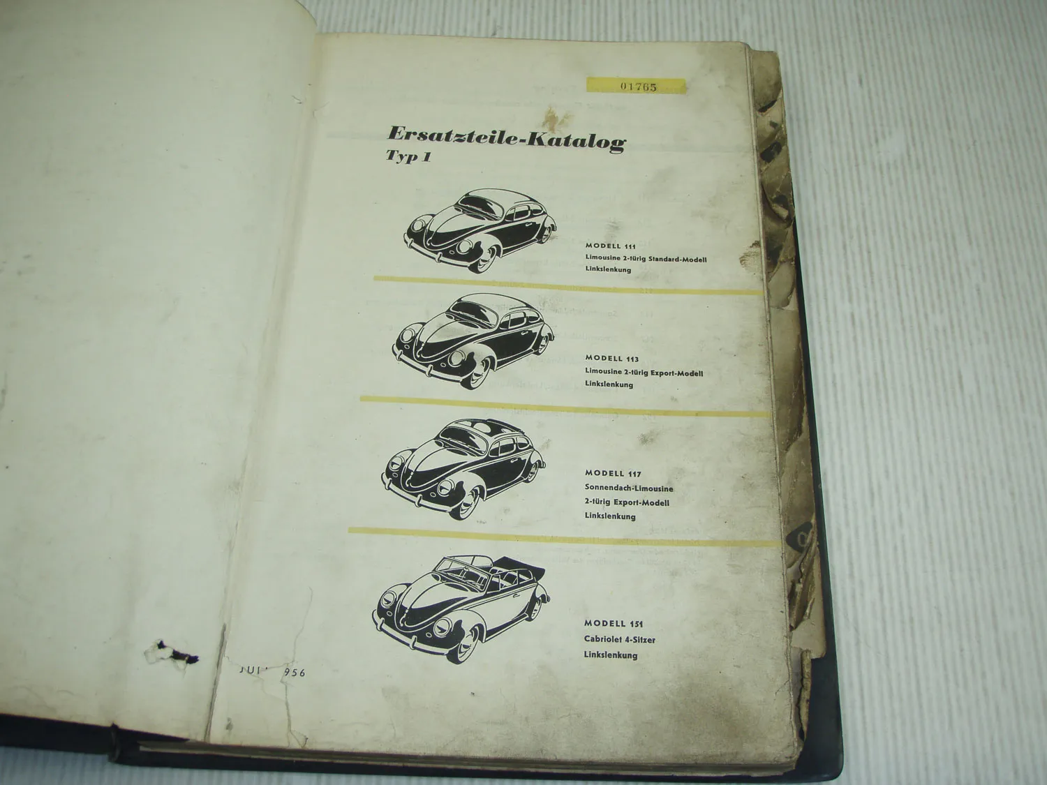 VW Käfer Ersatzteilkatalog Typ 111 - 152 Limousine Cabriolet Stand 1956