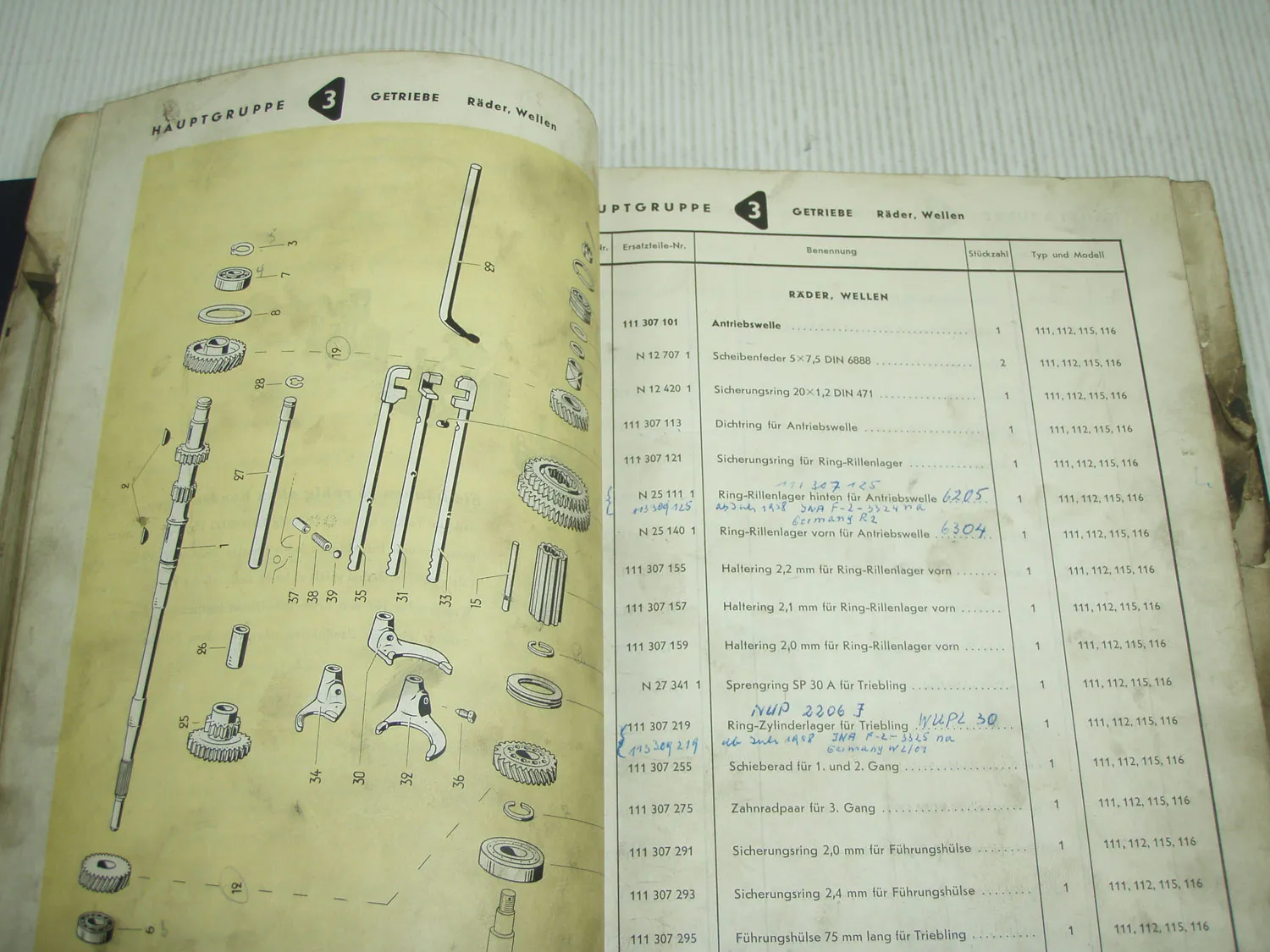 VW Käfer Ersatzteilkatalog Typ 111 - 152 Limousine Cabriolet Stand 1956