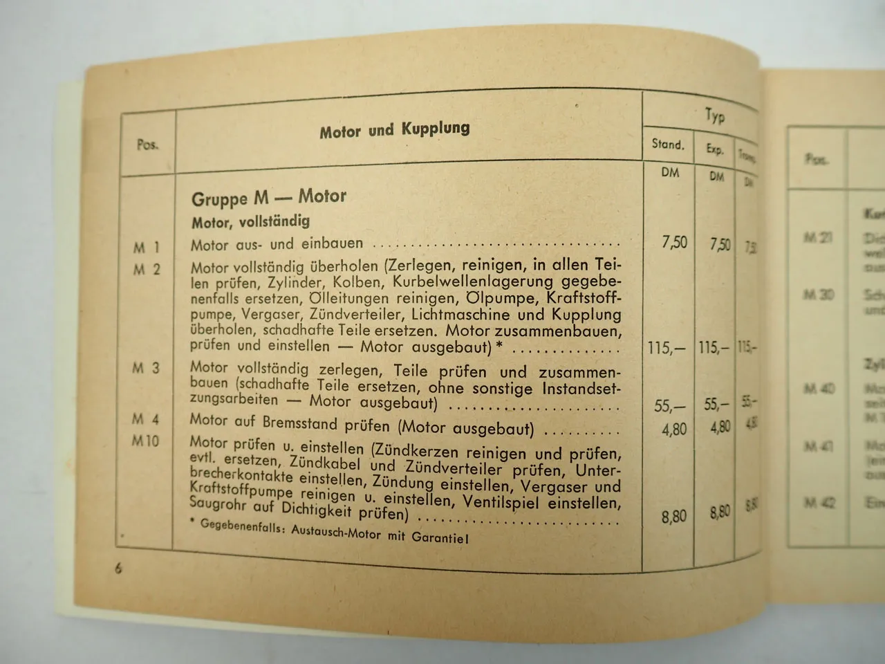 VW Käfer T1 Transporter Arbeitspreise für Instandsetzungen 1953