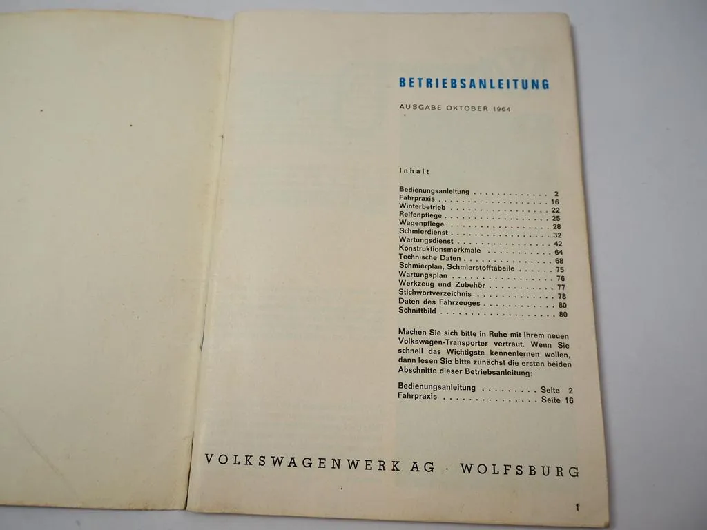 VW T1 Transporter Bulli Betriebsanleitung Bedienungsanleitung Wartung Okt. 1964