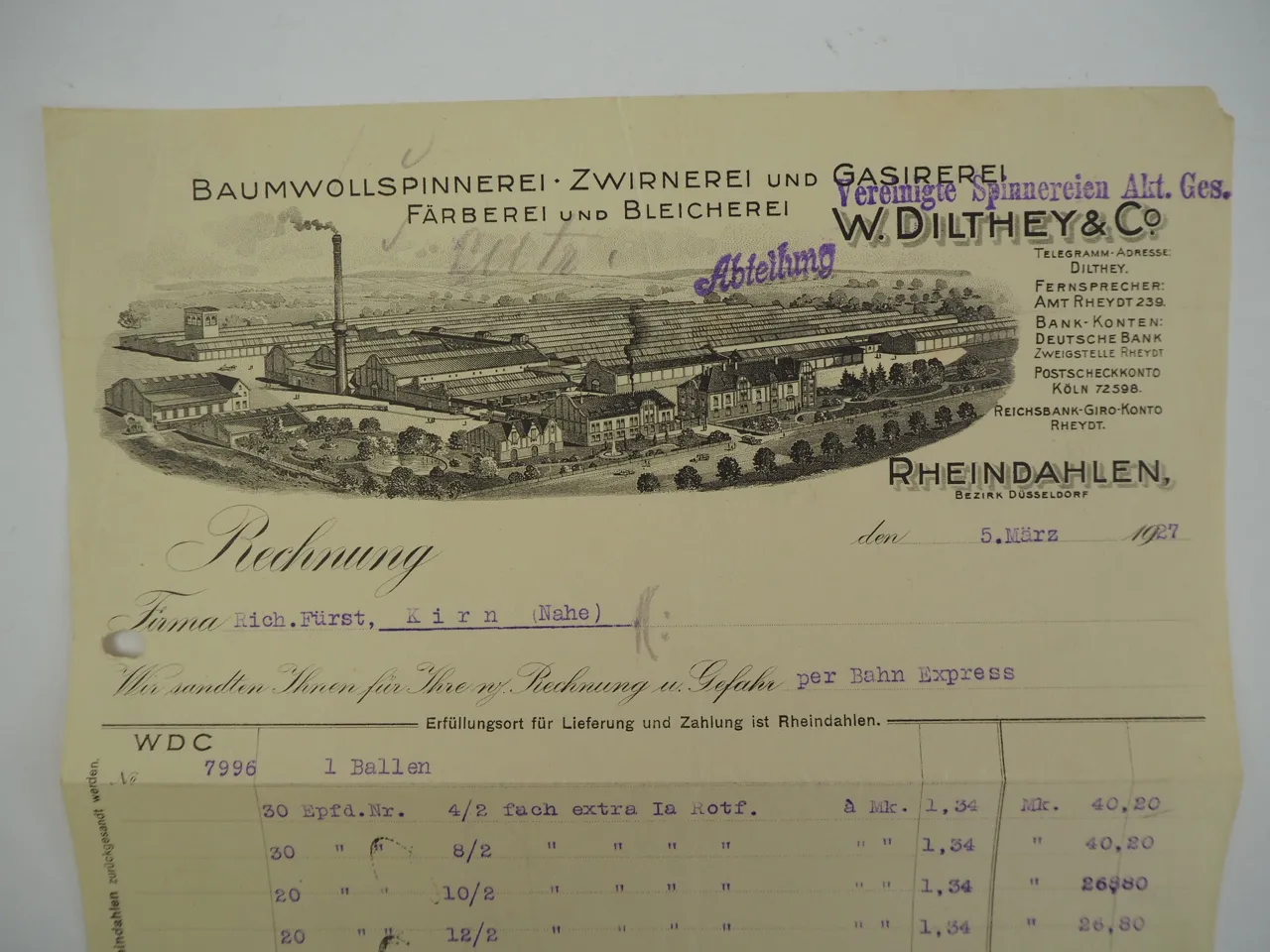 W. Dilthey & Co. Rheindahlen Düsseldorf Baumwollspinnerei Rechnung 1927