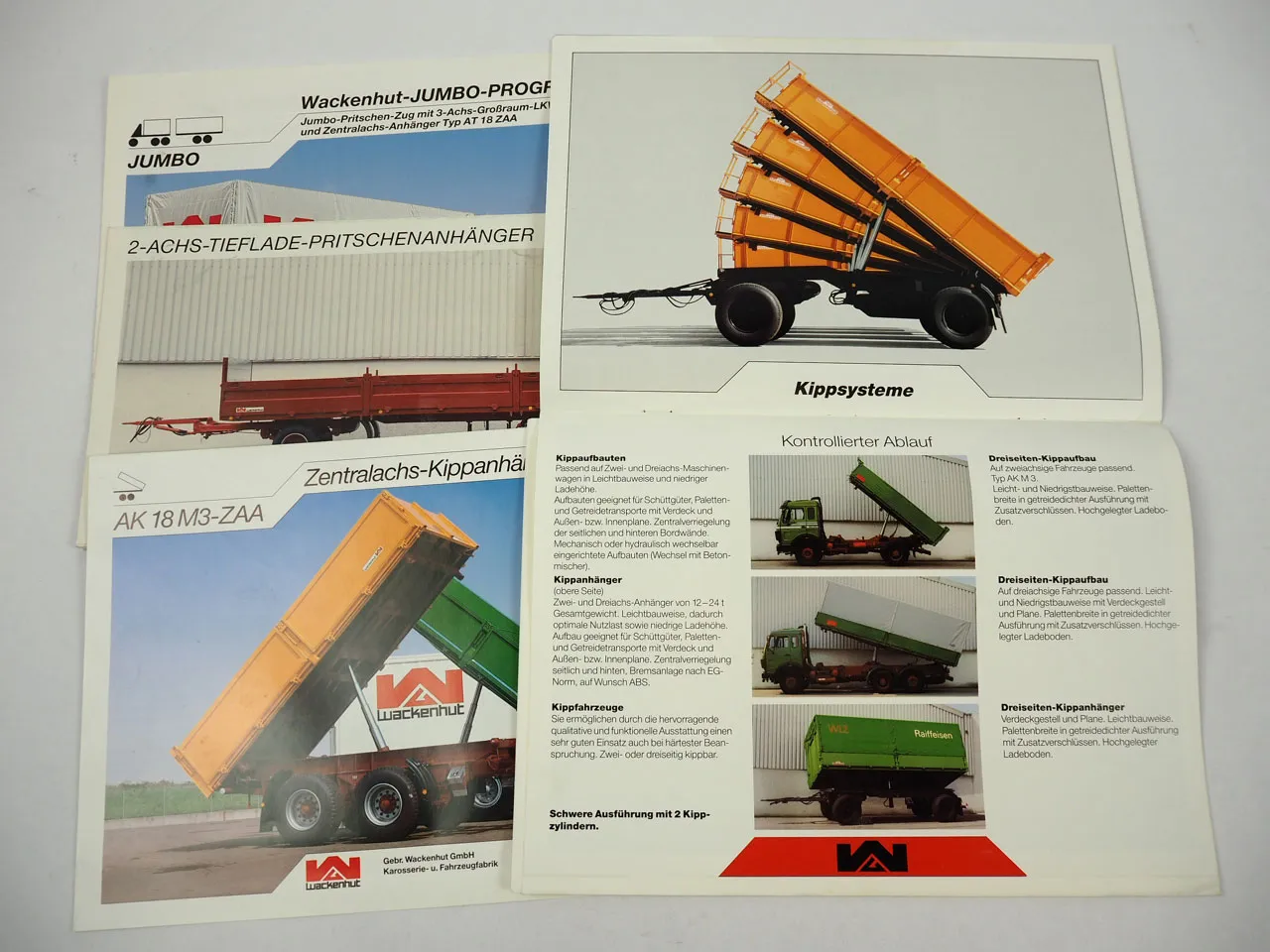 Wackenhut Kippanhänger Wechselanhänger Aufbauten LKW 4x Prospekt 1980er Jahre