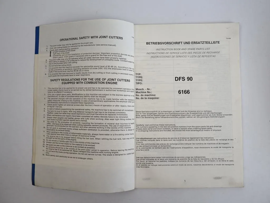 Wacker DFS90 Diesel-Fugenschneider Betriebsanleitung Ersatzteilliste 1987