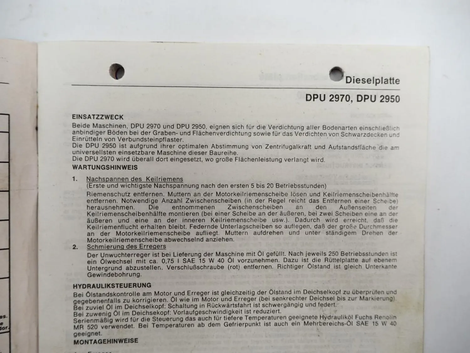 Wacker DPU 2950 2970 Vibrationsplatte Betriebsanleitung Ersatzteilliste 1990
