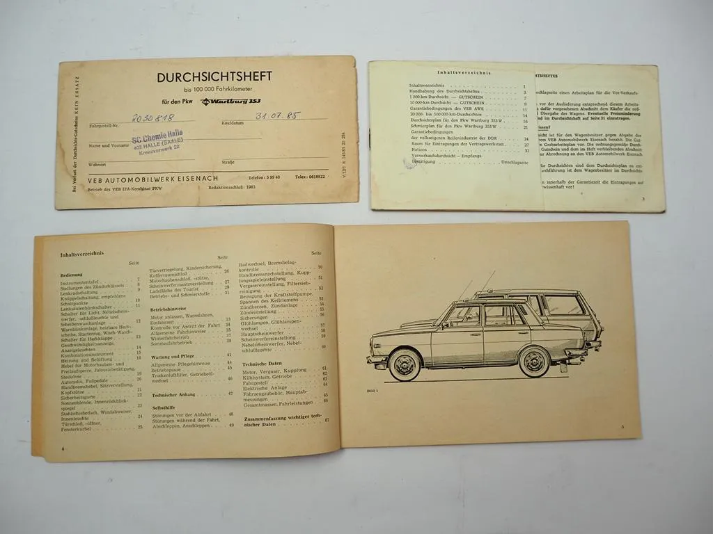 Wartburg 353W PKW Limousine Tourist Betriebsanleitung Duchsichtsheft 1982