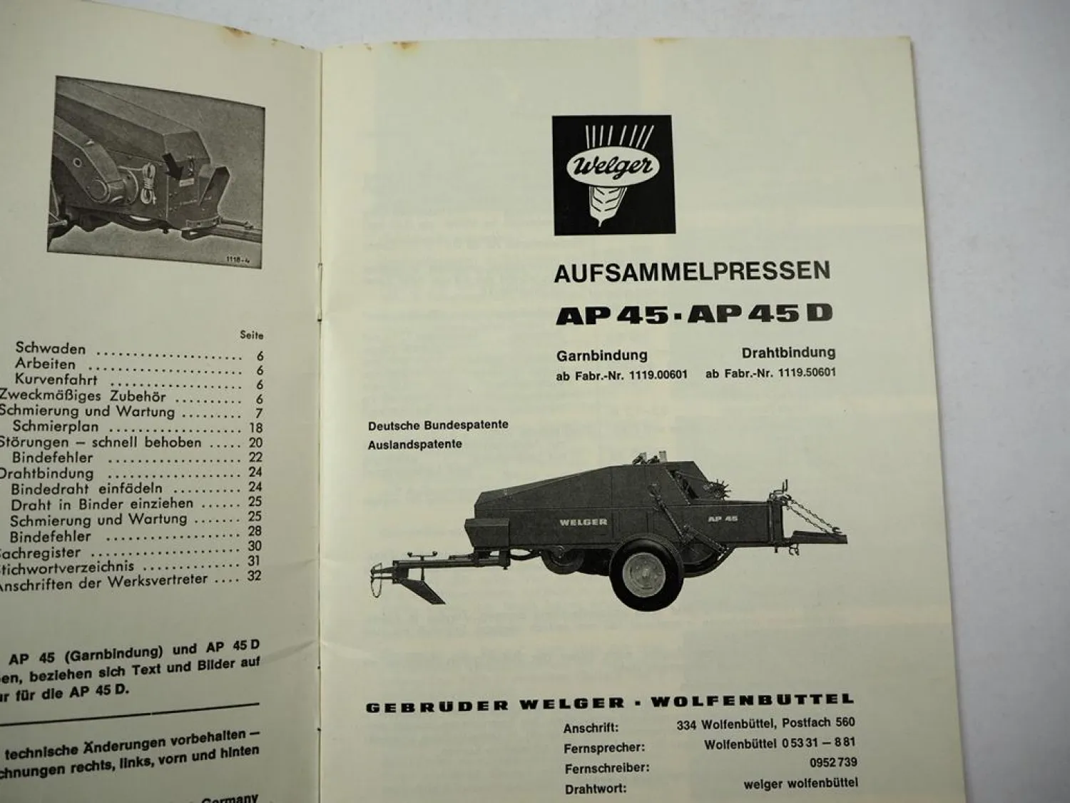 Welger AP45 AP45D Aufsammelpresse Bedienungsanleitung Betriebsanleitung 1972
