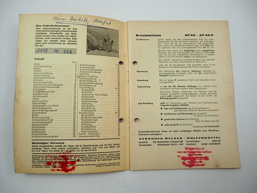 Welger AP45 AP45D Aufsammelpresse Ersatzteilliste Ersatzteilkatalog 1972