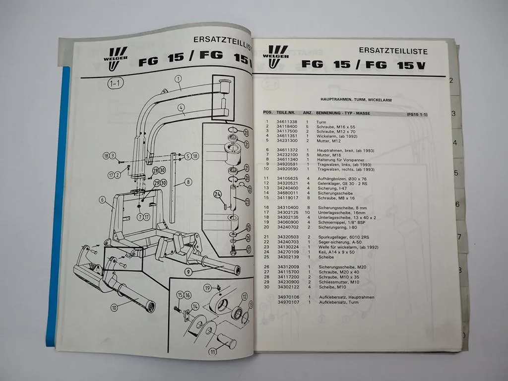 Welger FG15 FG15V Ballenwickler Ersatzteilliste Ersatzteilkataog 1992