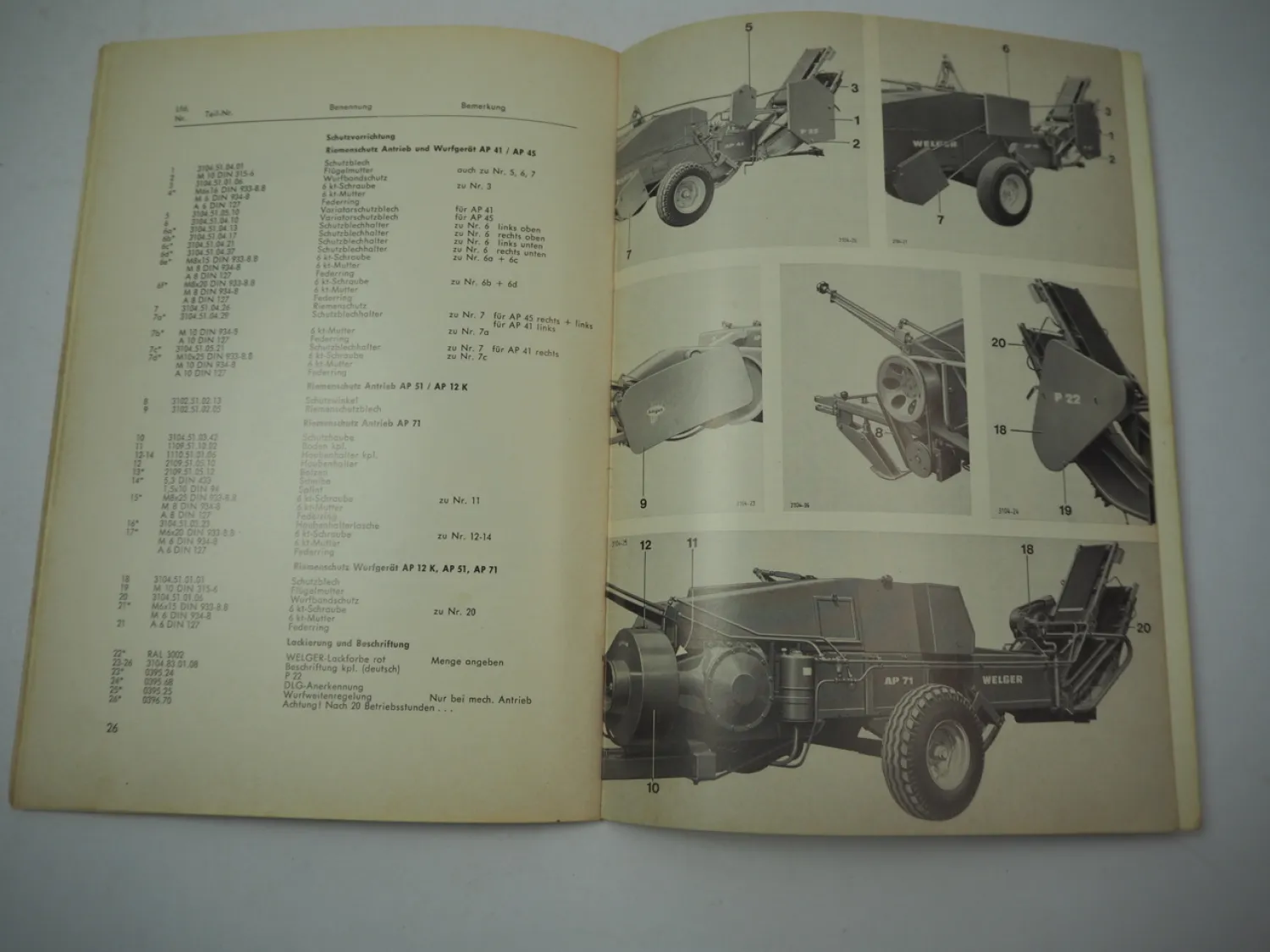 Welger P22 Ballenwerfer Betriebsanleitung Ersatzteilliste 1973 für AP41 AP45 AP 51 AP71