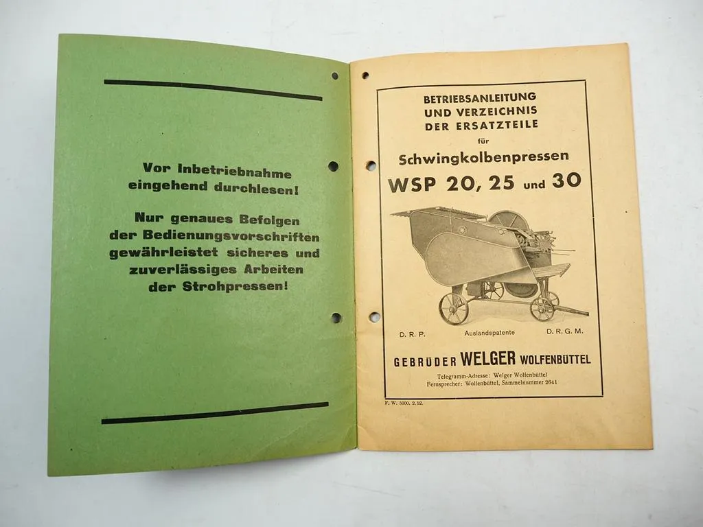 Welger WSP 20 25 30 Schwingkolbenpresse Betriebsanleitung Ersatzteilliste 1952