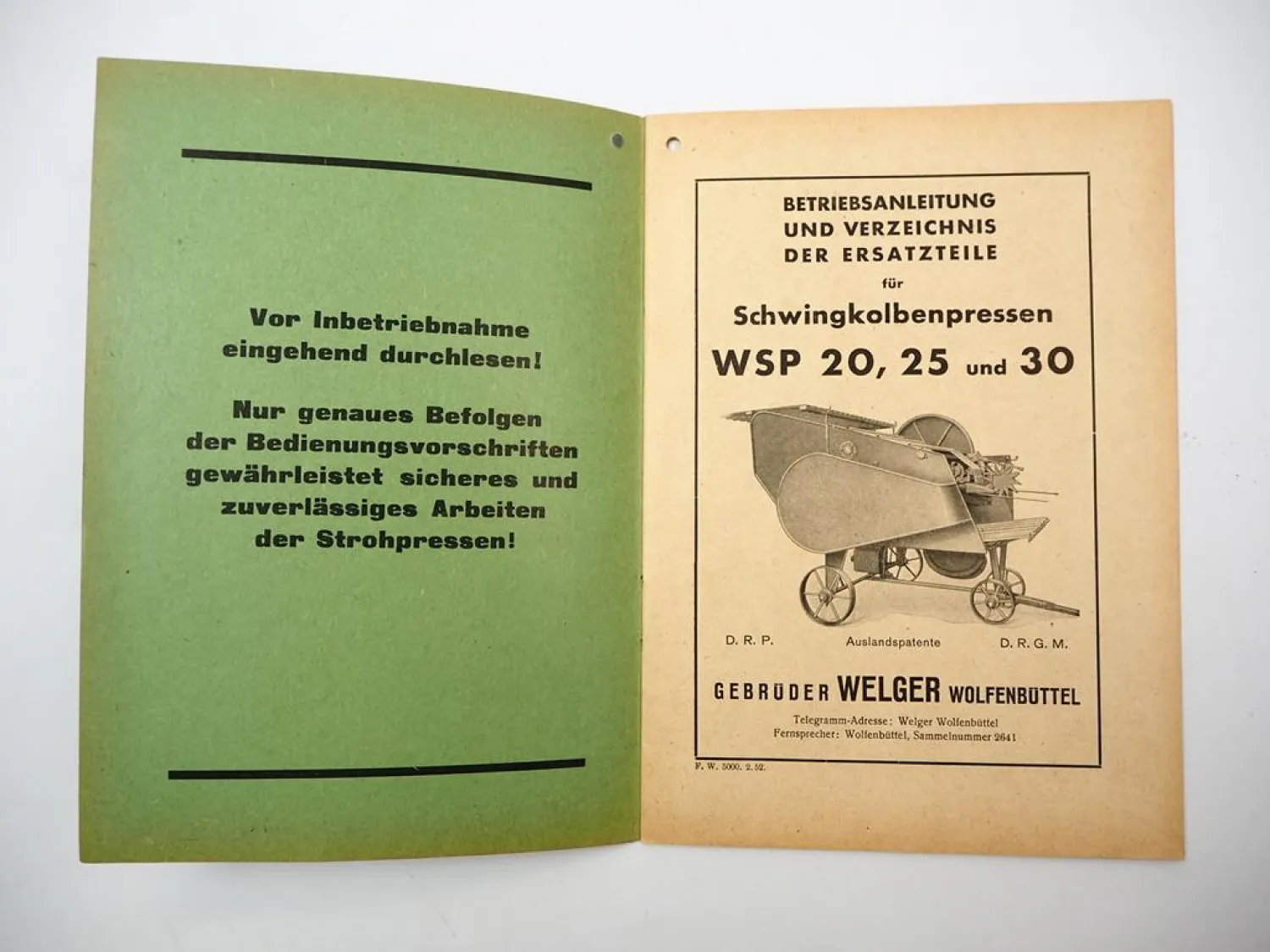 Welger WSP 20 25 30 Schwingkolbenpresse Betriebsanleitung Ersatzteilliste 1952