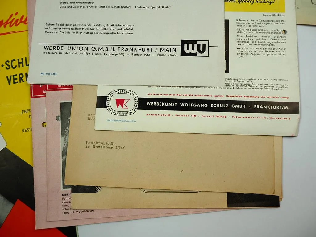 Werbe Union Werbekunst Frankfurt 20 Prospekte mit Werbung Mode 1950er Jahre