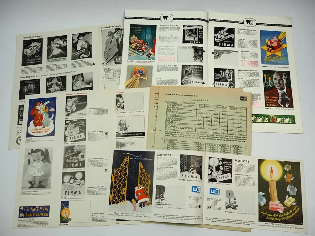 Werbe Union Werbekunst Frankfurt 4x Prospekt mit Werbung Weihnachten 1950er J.