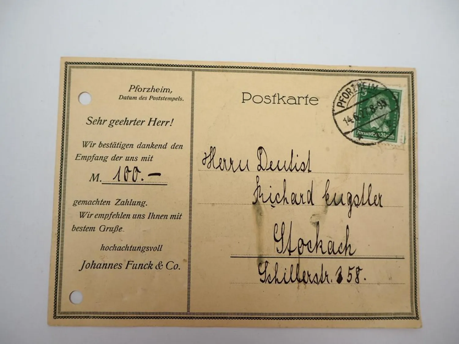 Werbung Postkarte Zahnarztstuhl Biber 1927 Funck & Co. Pforzheim Dentist
