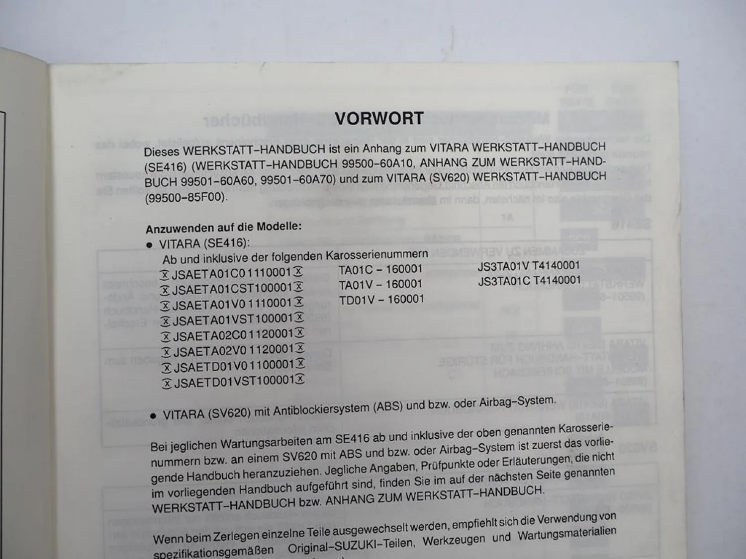 Werkstatthandbuch Suzuki Vitara SE 416 Reparaturanleitung Nachtrag 1995 / 1997