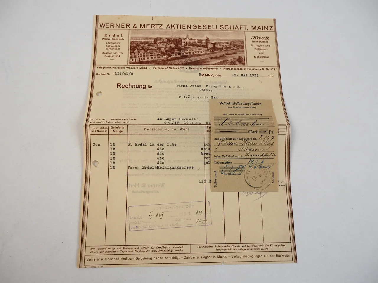 Werner & Mertz AG Mainz Rechnung über Erdal Tuben 1925 Kwak Rotfrosch