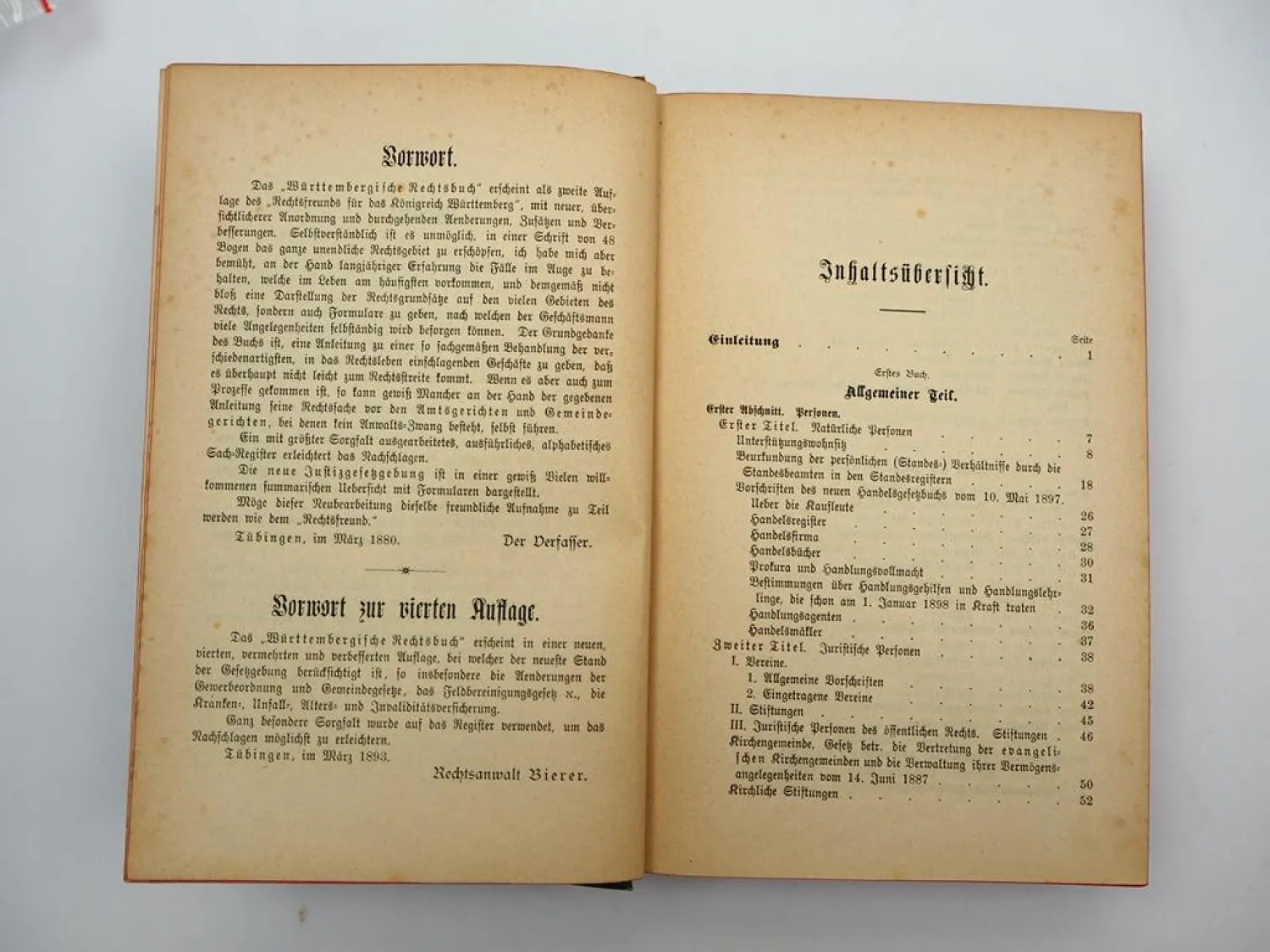 Württembergisches Rechtsbuch Bürgerliches Recht 1899 H. Bierer