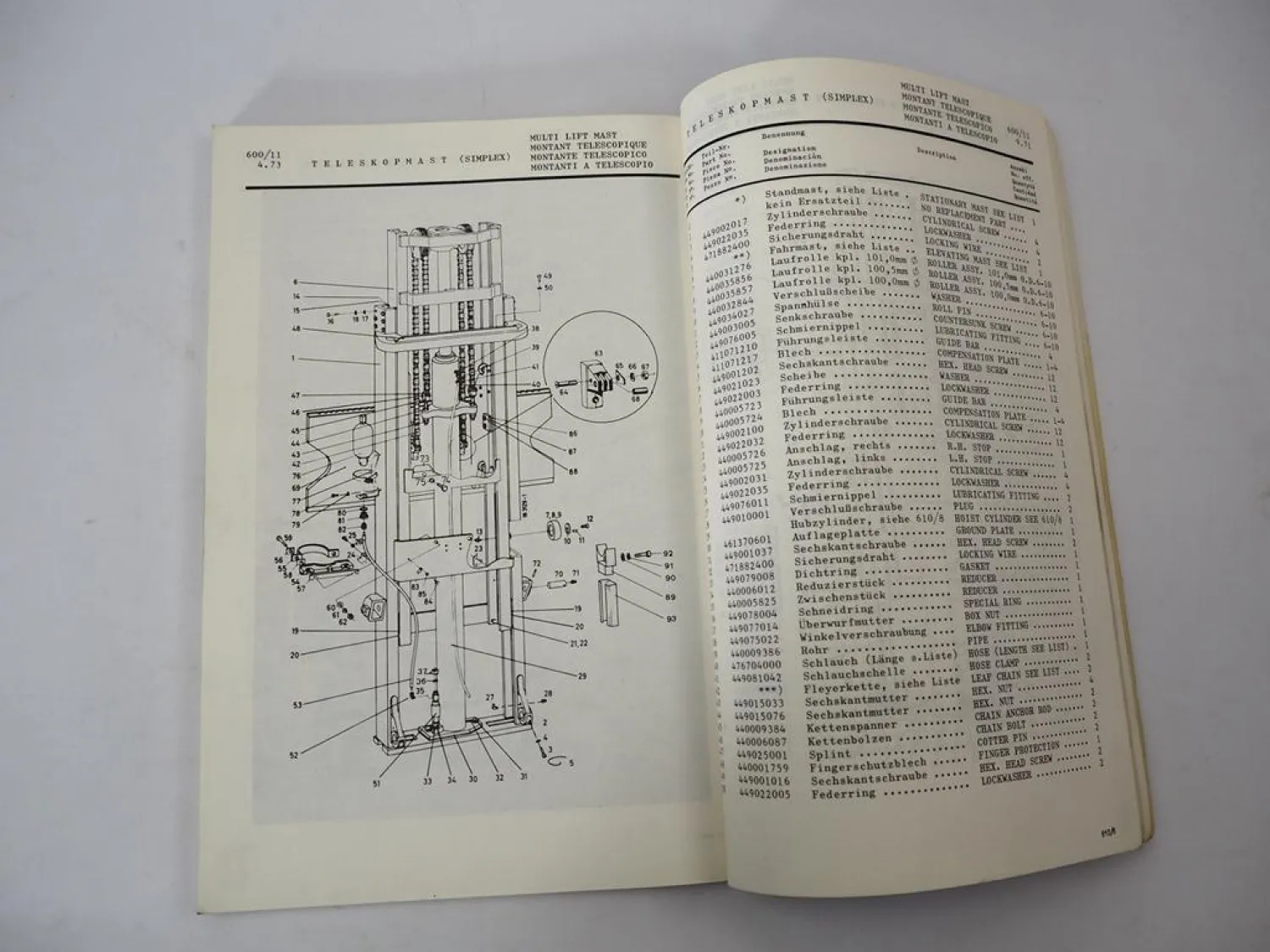 Yale VD VDP 60 70 80 100 NB Gabelstapler Parts Manual Ersatzteilliste 1974