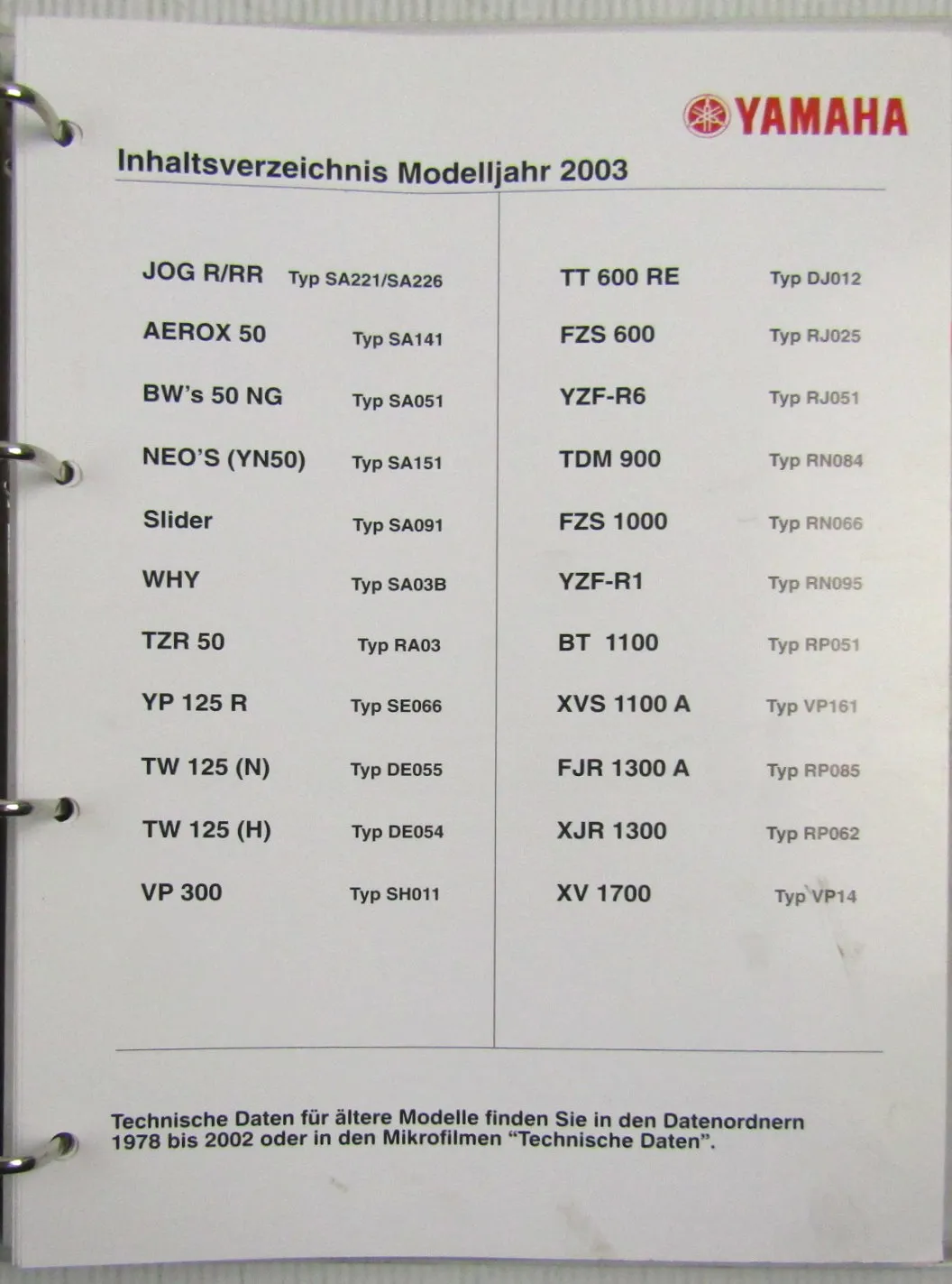 Yamaha Service Daten 2002 2003 - 50 Inspektionsblätter Zweirad Inspektionsblatt