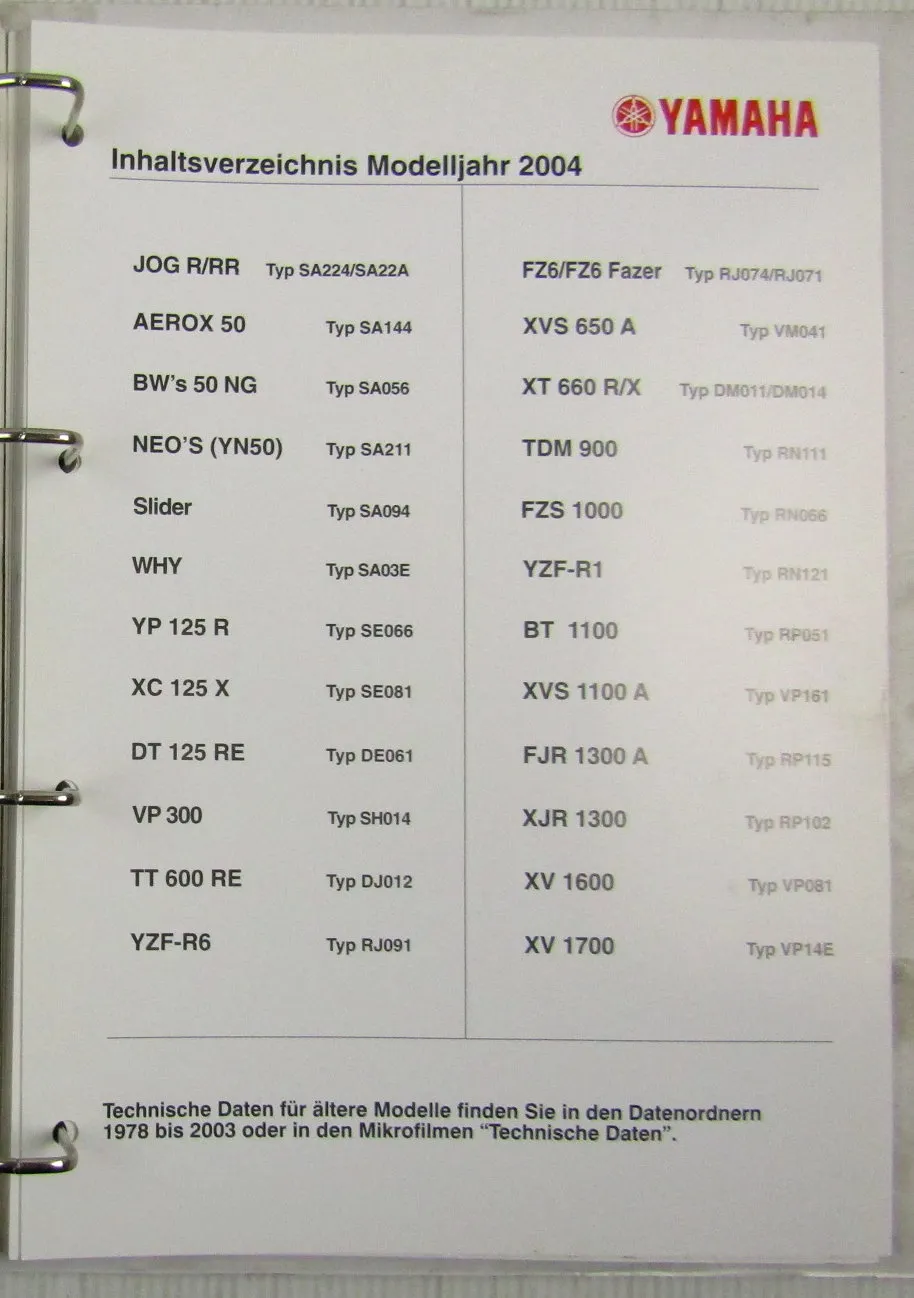 Yamaha Service Daten 2004 2005 - 55 Inspektionsblätter Zweirad Inspektionsblatt