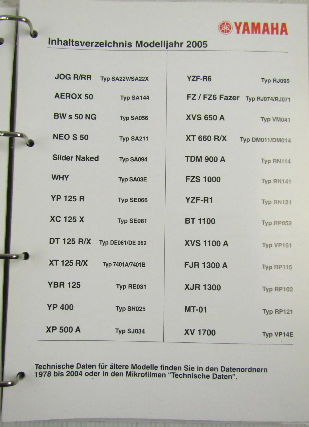 Yamaha Service Daten 2004 2005 - 55 Inspektionsblätter Zweirad Inspektionsblatt