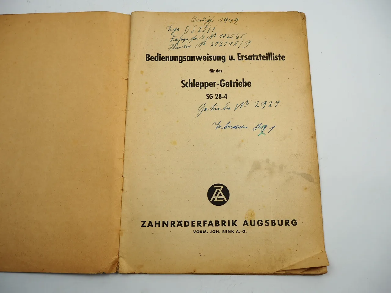 ZA Renk SG 28-4 Schlepper Getriebe Betriebsanleitung Ersatzteilliste 1950er J.