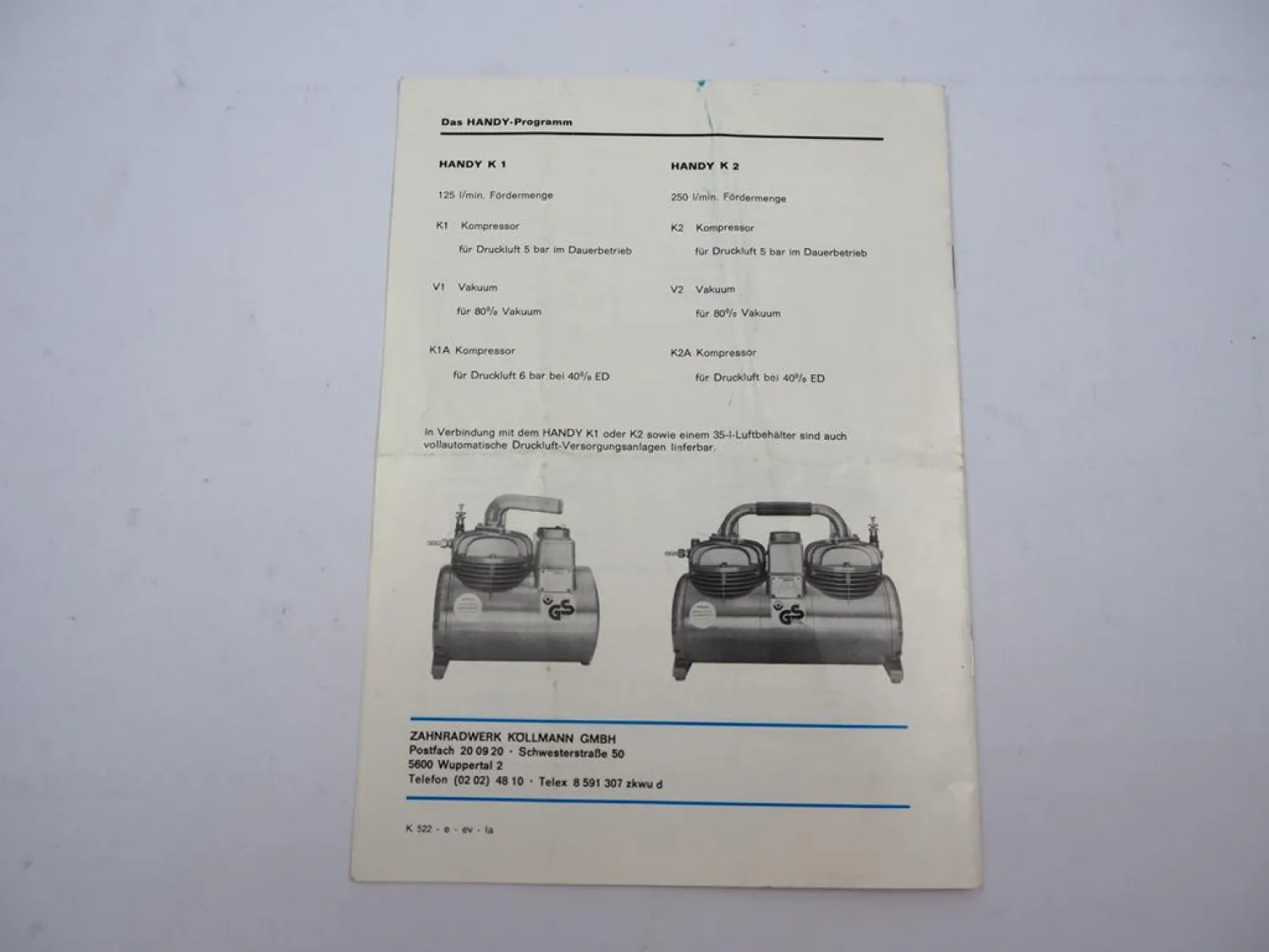 Zahnradwerk Köllmann Handy K1 K2 Kompressor Betriebsanleitung Ersatzteilliste