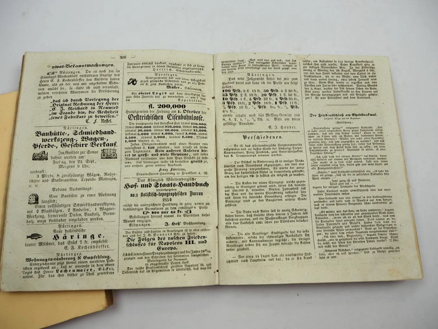 Zeitschrift Wochenblatt Oberamtsbezirk Nürtingen Stuttgart Jahrgänge 1842/53/59