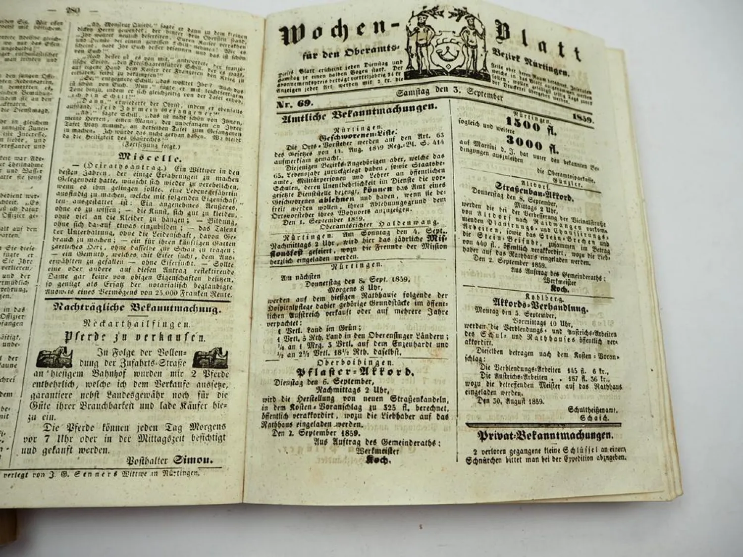 Zeitschrift Wochenblatt Oberamtsbezirk Nürtingen Stuttgart Jahrgänge 1842/53/59