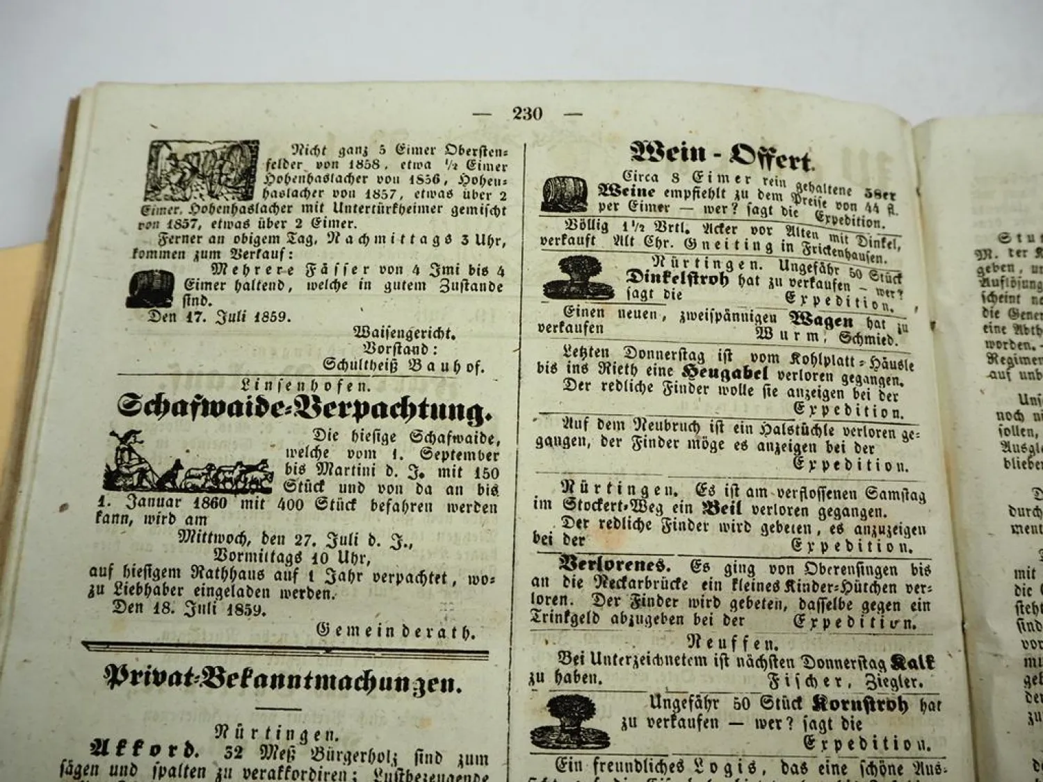 Zeitschrift Wochenblatt Oberamtsbezirk Nürtingen Stuttgart Jahrgänge 1842/53/59