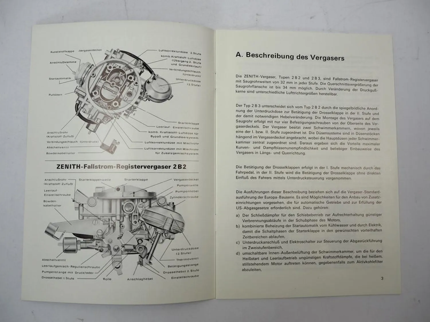 Zenith 2B2 2B3 Vergaser Betriebsanleitung 1974 VW Golf Passat Audi 80 100