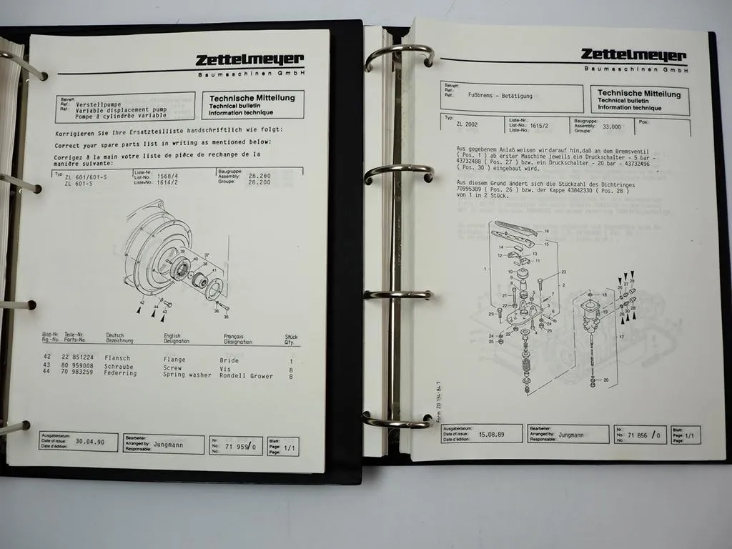 Zettelmeyer ZL 401 501 601 801 1001 - 4001 5001 Technische Mitteilung 1988-1992