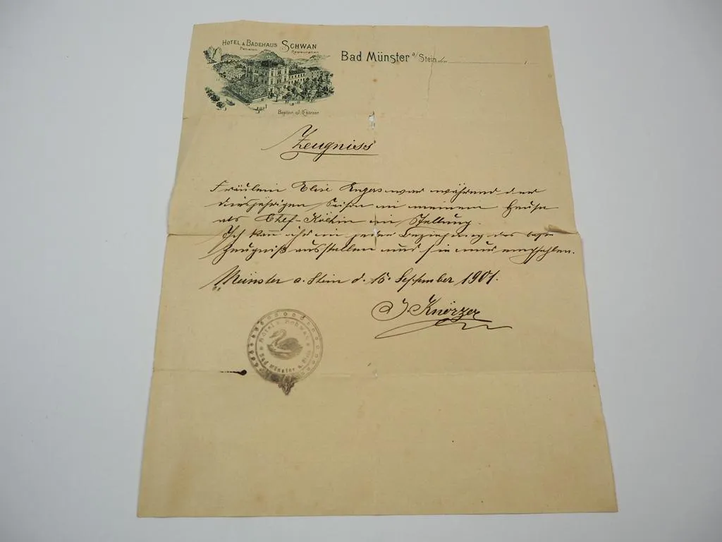 Zeugnis Firmenbrief Hotel Schwan Bad Münster Bad Kreuznach Rheinland Pfalz 1901